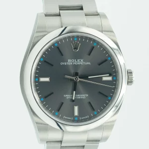 Rolex Oyster Perpetual 39mm grey dial with blue accents